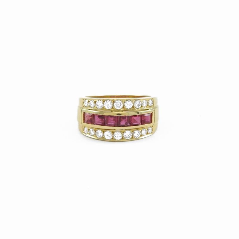 Anello a Fascia in Oro Giallo con Diamanti e Rubini