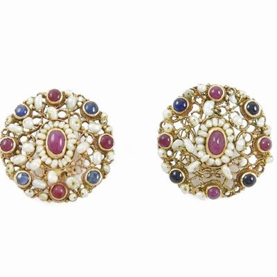 Orecchini in Oro Rosa 500/1000 con Rubini, Zaffiri e Perle