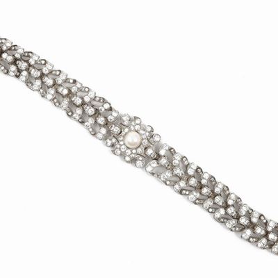 Bracciale in Oro Bianco con Diamanti e Perla Coltivata