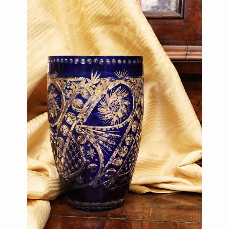 Vaso da Fiori in Cristallo Doppio di Boemia Blu e Trasparente
