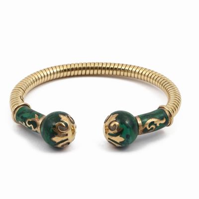 Bracciale Rigido Fidia in Oro Giallo con Smalti Verdi