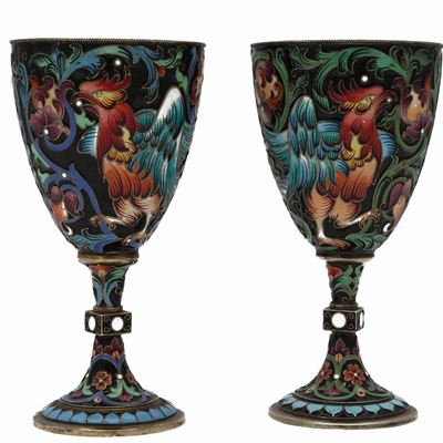 Coppia di Calici in Argento Vermeil e Smalti Cloisonné, Maria Semenova