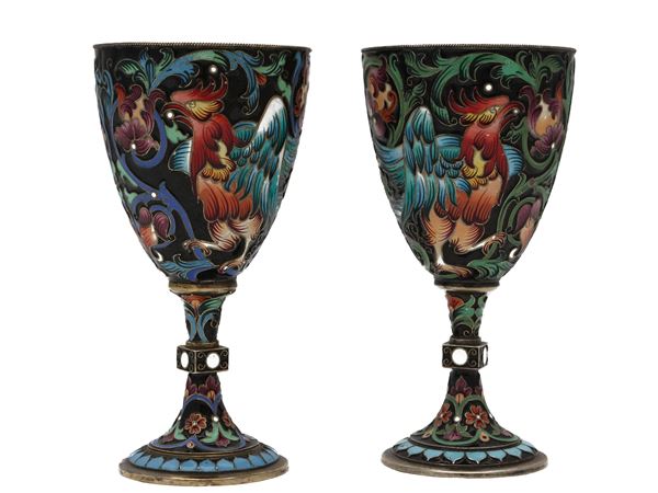 Pair of goblets in silver vermeil and cloisonné enamels, Maria Semenova