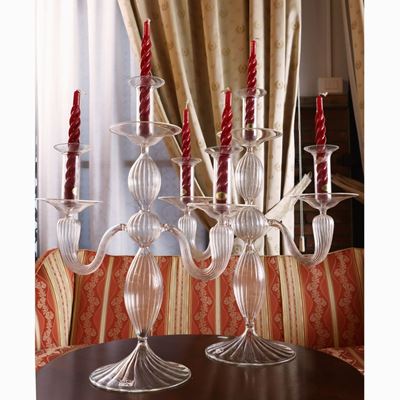 Coppia di Grandi Candelabri in Vetro Soffiato Trasparente