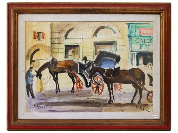 Rodolfo Marma - Veduta di Firenze con carrozze
