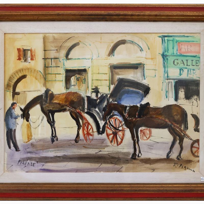 Rodolfo Marma - Veduta di Firenze con Carrozze