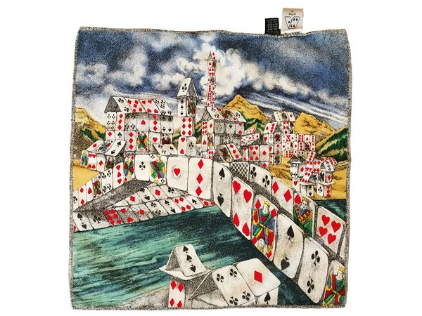 Fornasetti, "City of cards" small silk scarf  - Auction Vintagemania - Maison Bibelot - Casa d'Aste Firenze - Milano