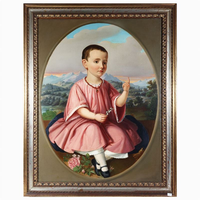 Scuola Italiana del XIX Secolo - Ritratto di Bambina con Abito Rosa e Collana di Corallo