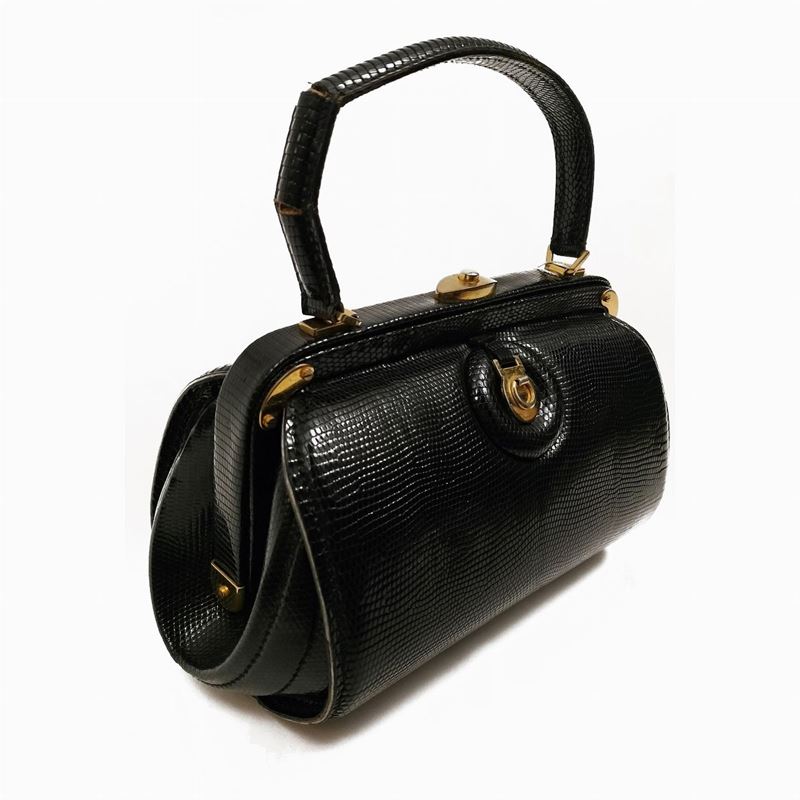 Borsa Bauletto a Mano in Lucertola Nera
