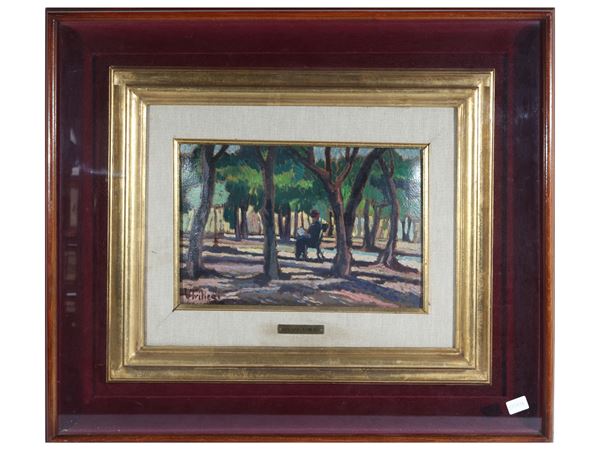 Paesaggio alberato con figura seduta