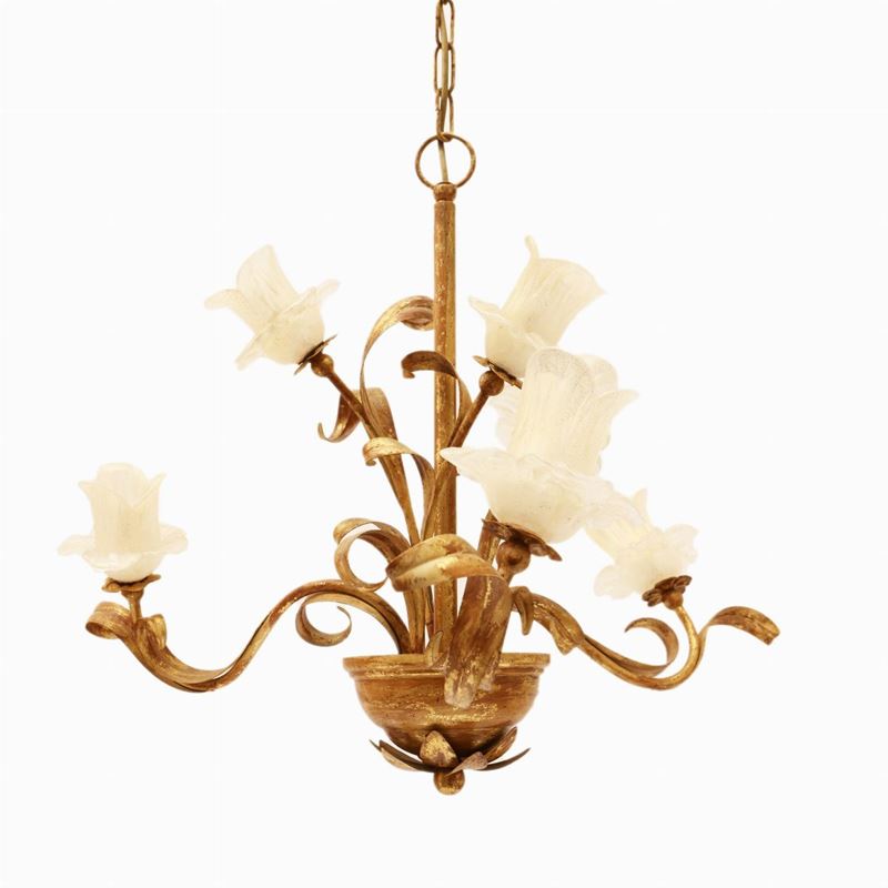 Lampadario in Metallo Dorato e Vetro
