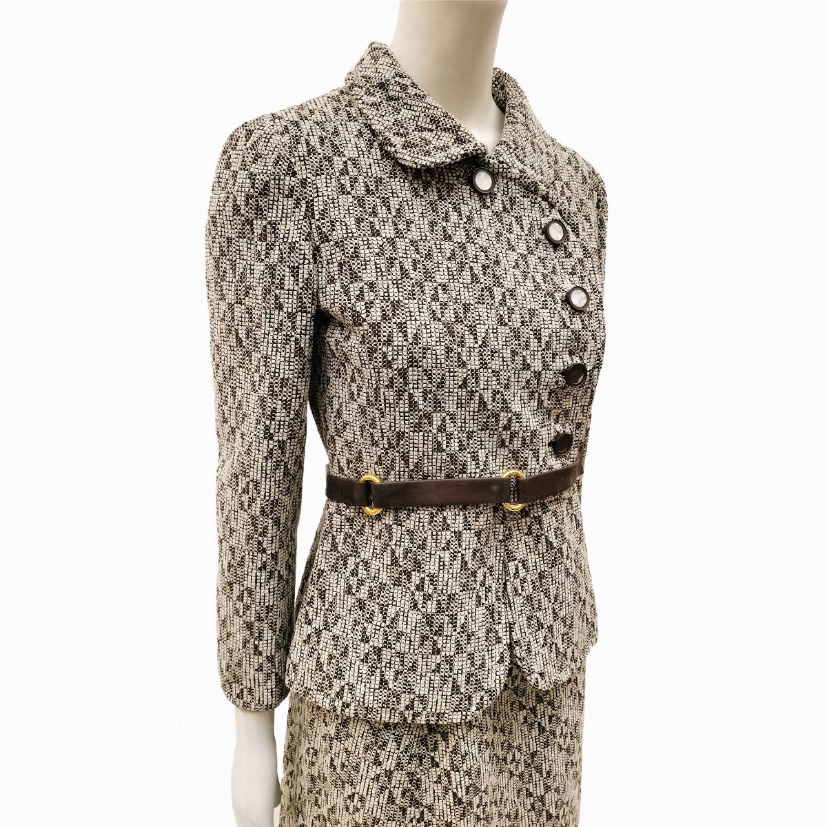 Philippe Venet, Tailleur in tessuto di lana geometrico bianco e marrone