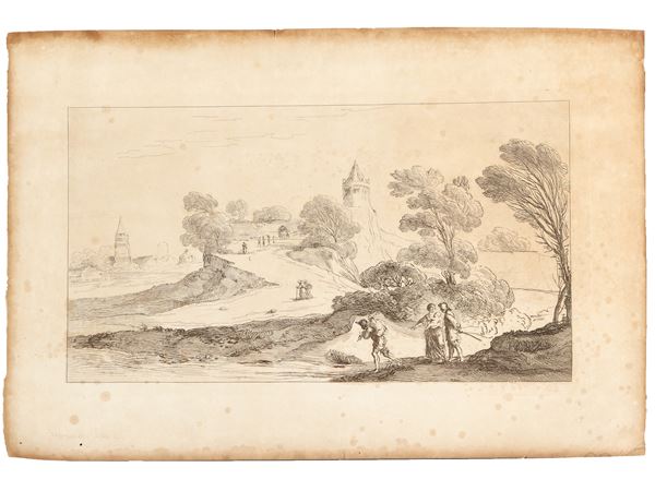 Landscape with Wayfarers and a Fortified City, by Guercino  (early 19th century)  - Auction The art of furnishing - Maison Bibelot - Casa d'Aste Firenze - Milano
