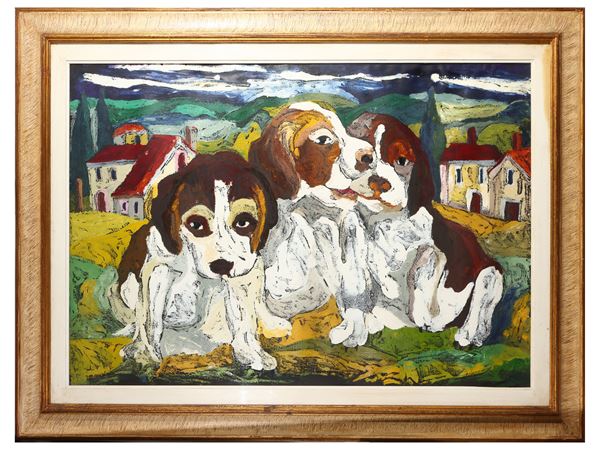 Giuseppe Serafini - Paesaggio con tre cuccioli di cane