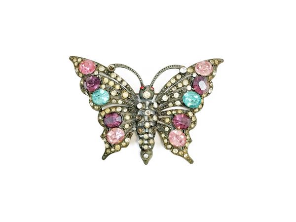 Butterfly brooch with rhinestones and stones