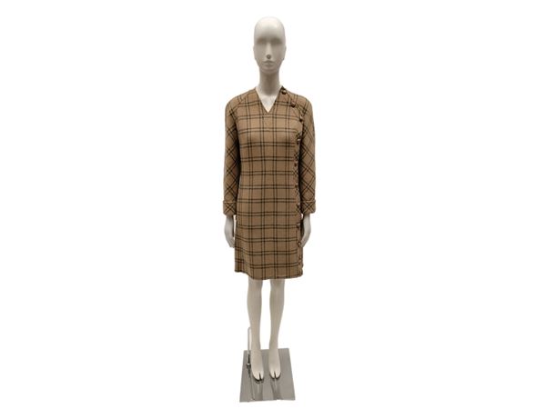 Valentino Boutique, dress in hazelnut wool fabric with blue checks