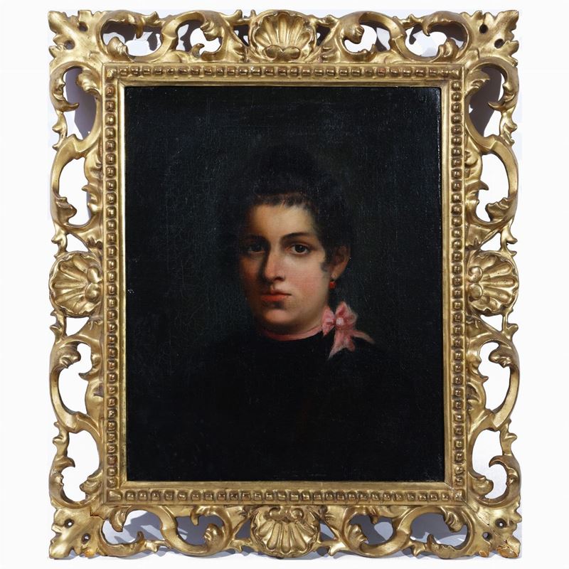 Scuola Toscana della Fine del XIX Secolo - Ritratto di Donna con Fiocco Rosa
