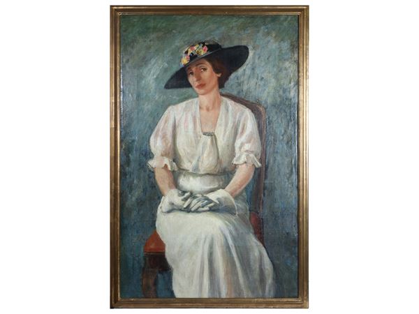 Franco Dani : Ritratto di dama in abito bianco  - Asta L'arte di arredare - Maison Bibelot - Casa d'Aste Firenze - Milano
