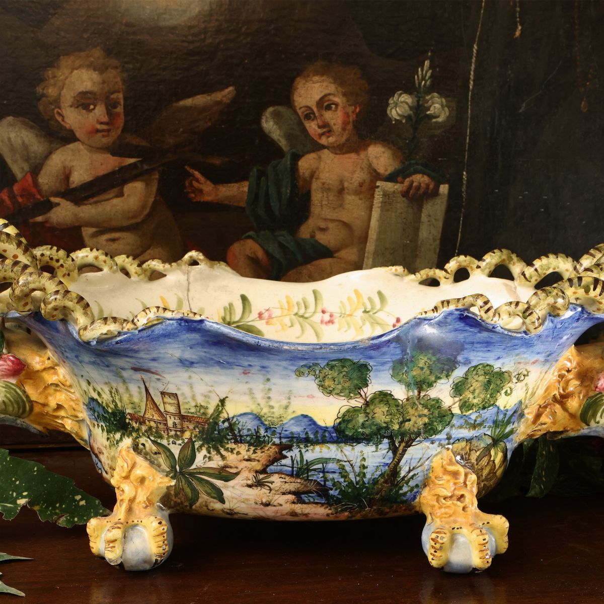 Grande Cestino Centrotavola a Navicella in Terracotta Invetriata