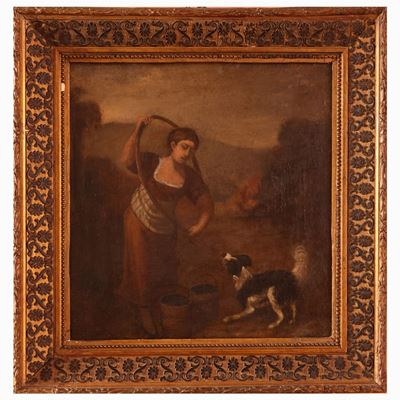 Fanciulla che Gioca con Cane Entro un Paesaggio