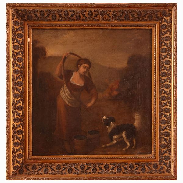 Scuola italiana del XIX secolo - Girl playing with dog in a landscape