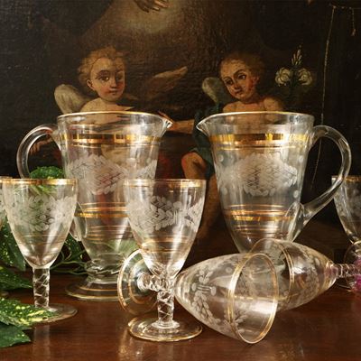 Set da Aperitivo D'epoca in Vetro Soffiato Lumeggiato in Oro
