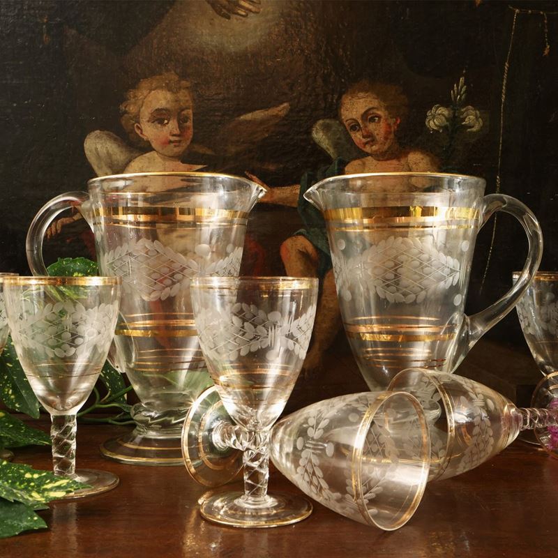 Set da Aperitivo D'epoca in Vetro Soffiato Lumeggiato in Oro