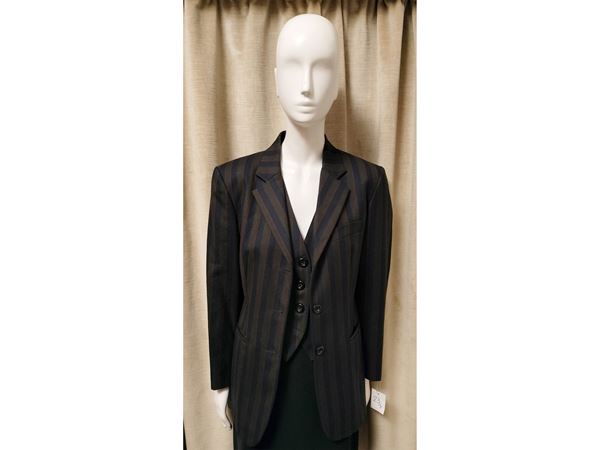 Oliver by Valentino, Suit in forest green and blue striped wool fabric