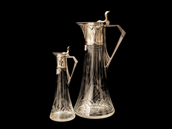 Due caraffe Art Nouveau in cristallo molato e metallo argentato, WMF