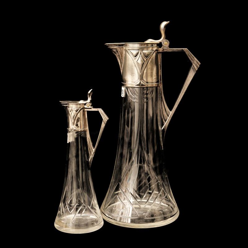 Due Caraffe Art Nouveau in Cristallo Molato e Metallo Argentato, Wmf