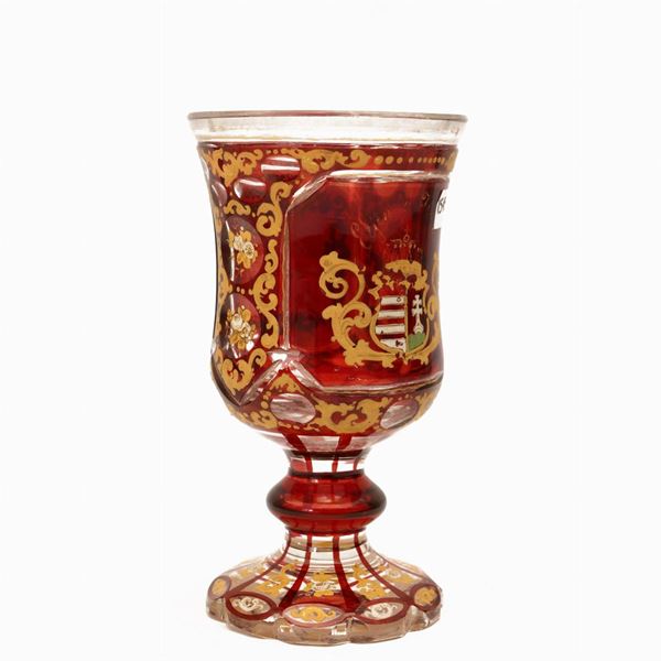 Bohemian crystal chalice layered with ruby-colored reserves