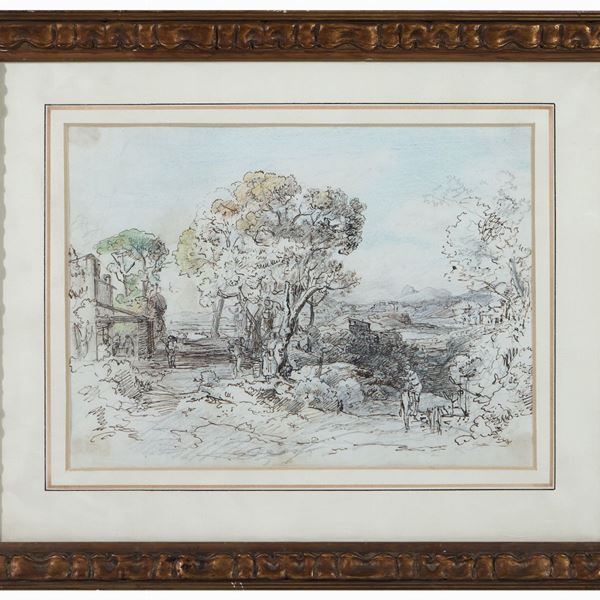View of a park with a pond and characters - Landscape con personaggi