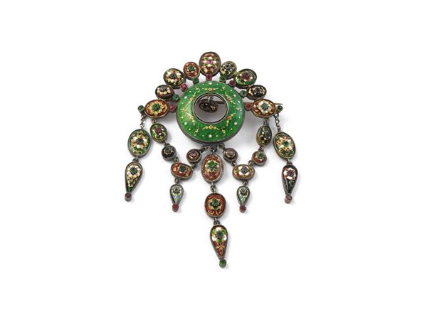 Silver pendant brooch with polychrome enamel and glass paste
