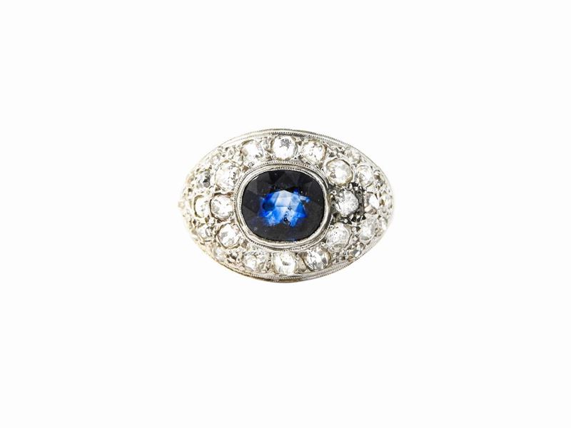 Anello in Oro Giallo e Argento con Diamanti e Zaffiro