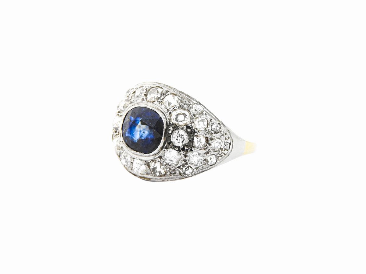 Anello in Oro Giallo e Argento con Diamanti e Zaffiro