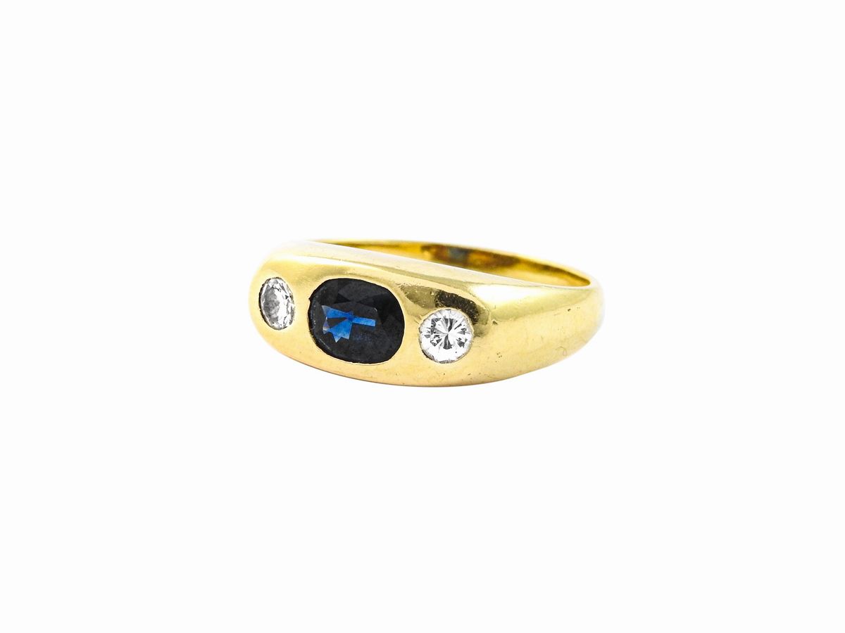 Anello a Fascia in Oro Giallo con Diamanti e Zaffiro