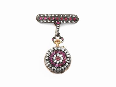 Spilla Orologio in Oro a Basso Titolo e Argento con Diamanti, Rubini Sintetici