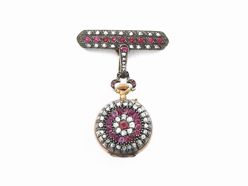 Spilla Orologio in Oro a Basso Titolo e Argento con Diamanti, Rubini Sintetici