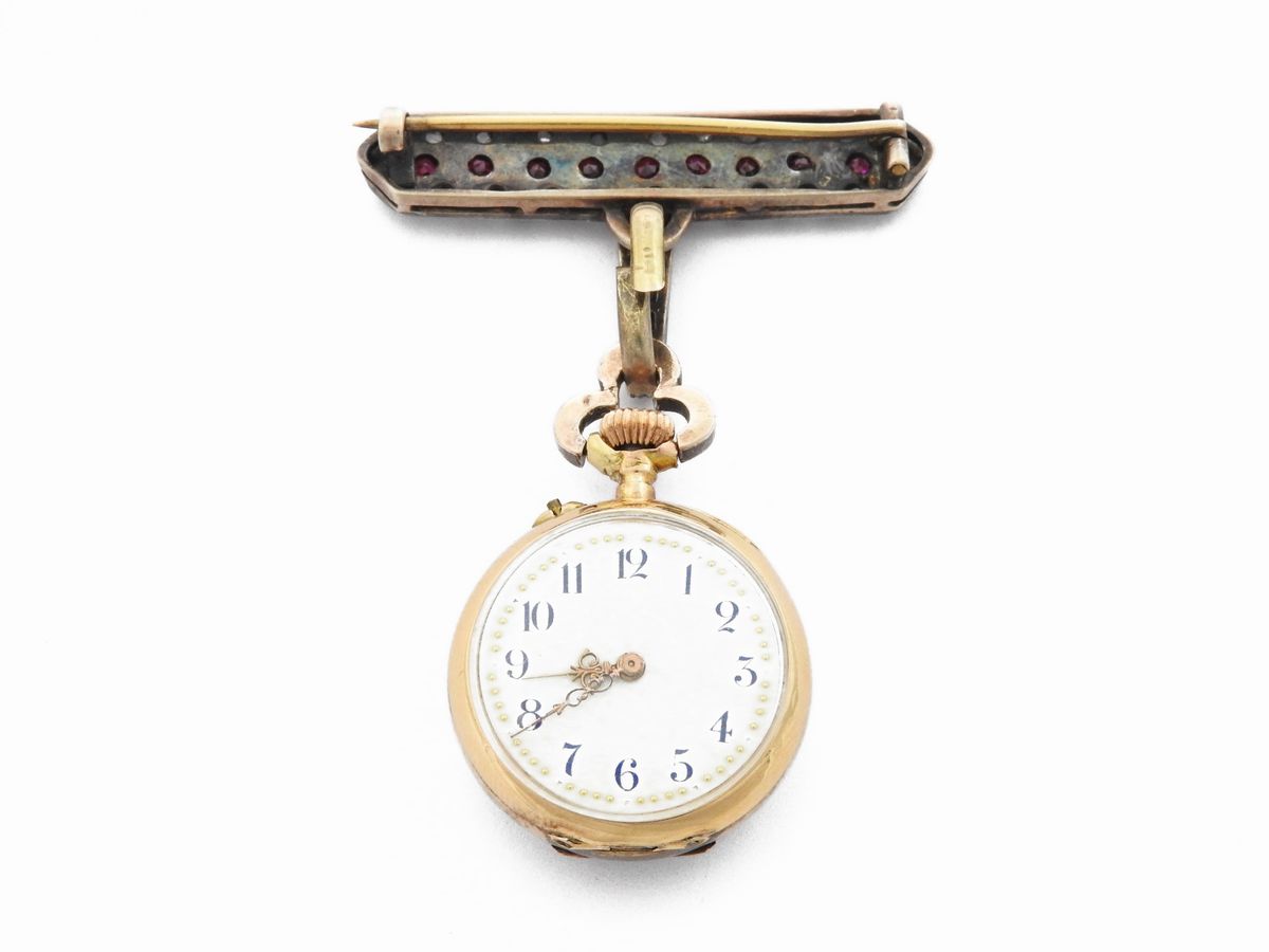 Spilla Orologio in Oro a Basso Titolo e Argento con Diamanti, Rubini Sintetici