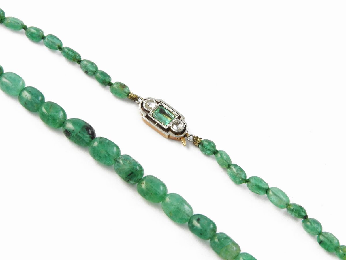 Collana di Smeraldi con Fermezza in Oro e Argento con Diamanti e Smeraldo