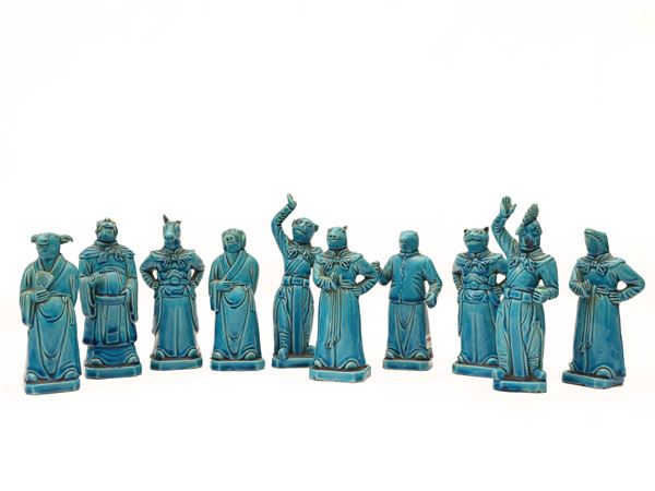 Serie di dieci figure orientali in ceramica turchese