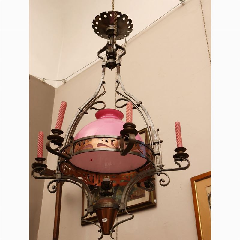 Grande Lampadario in Ferro Battuto e Rame