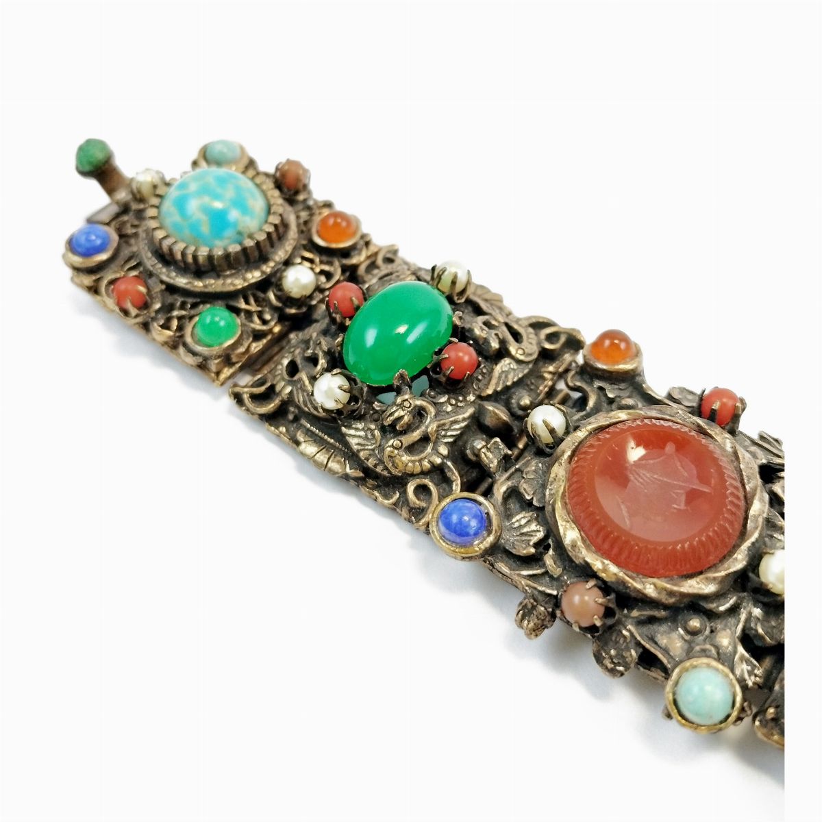 Bracciale in Metallo Lavorato, Pietre Dure e Perle Simulate