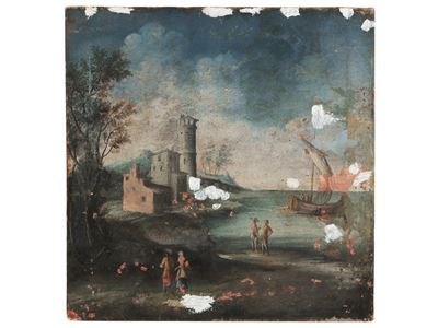 Paesaggio Marino con Approdo e Personaggi