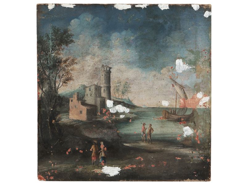 Scuola Veneta - Paesaggio Marino con Approdo e Personaggi