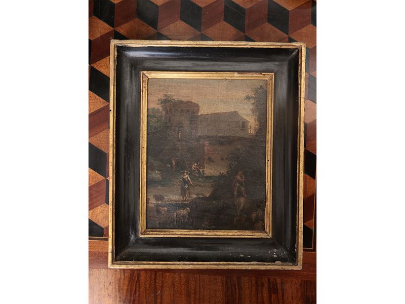 Scuola Napoletana del XIX Secolo - Paesaggio con Torre, Personaggi e Armenti