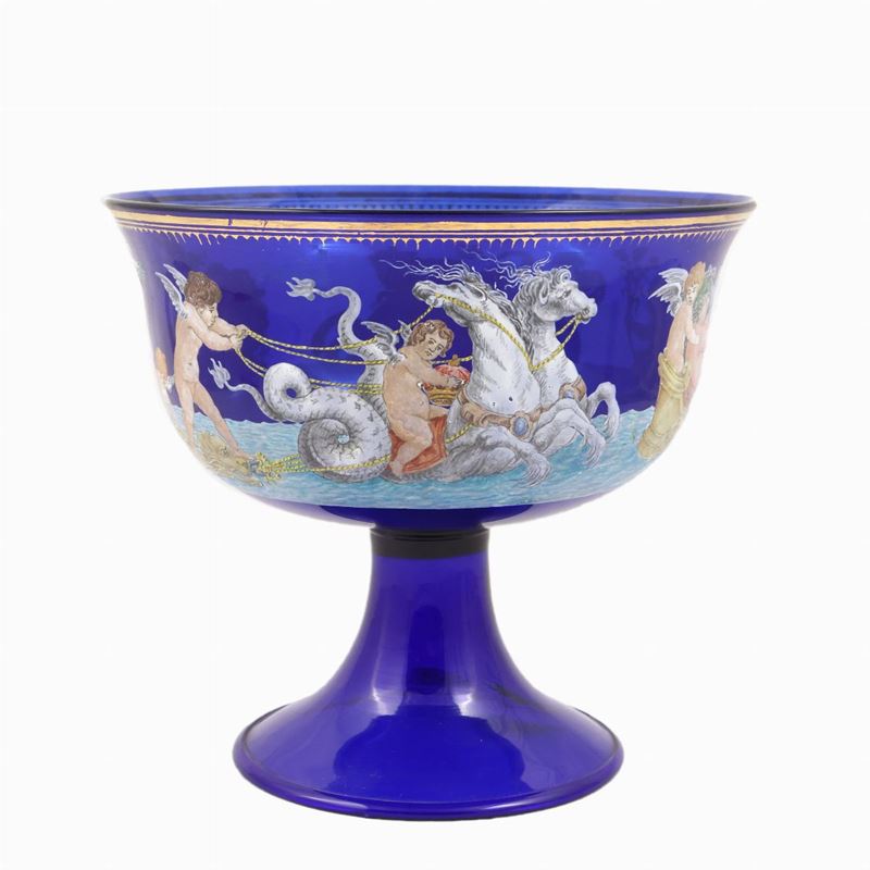 Grande Coppa in Vetro Soffiato Blu, Salviati Murano