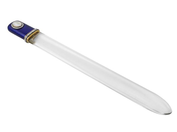 Yellow gold letter opener with rock crystal, silver, diamonds, moonstone and enamels