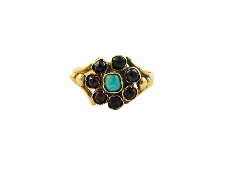 Due Anelli in Oro e Argento con Gemme Multicolor e Smalti Policromi