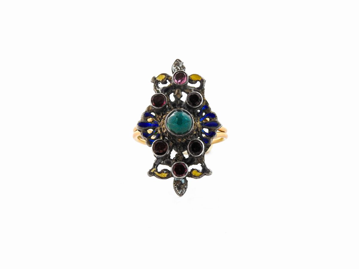 Due Anelli in Oro e Argento con Gemme Multicolor e Smalti Policromi